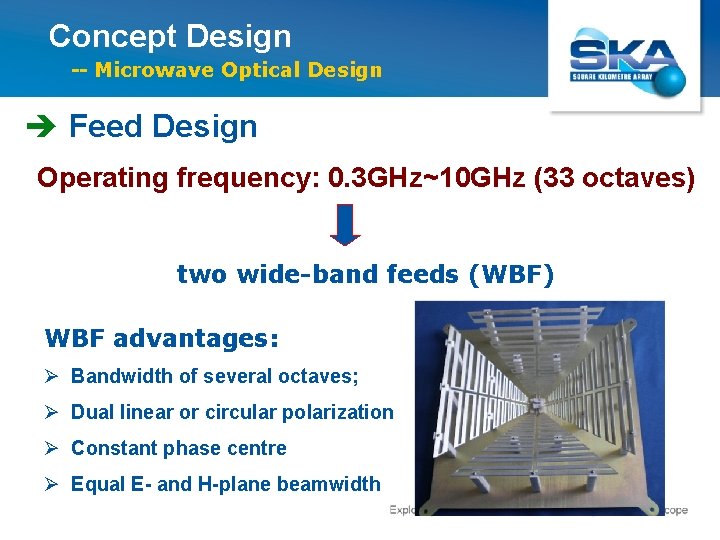 Concept Design -- Microwave Optical Design è Feed Design Operating frequency: 0. 3 GHz~10