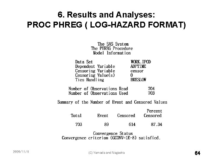 6. Results and Analyses: PROC PHREG ( LOG-HAZARD FORMAT) 2020/11/6 (C) Yamada and Nagaoka