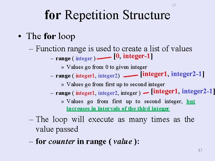 for Repetition Structure 17 • The for loop – Function range is used to