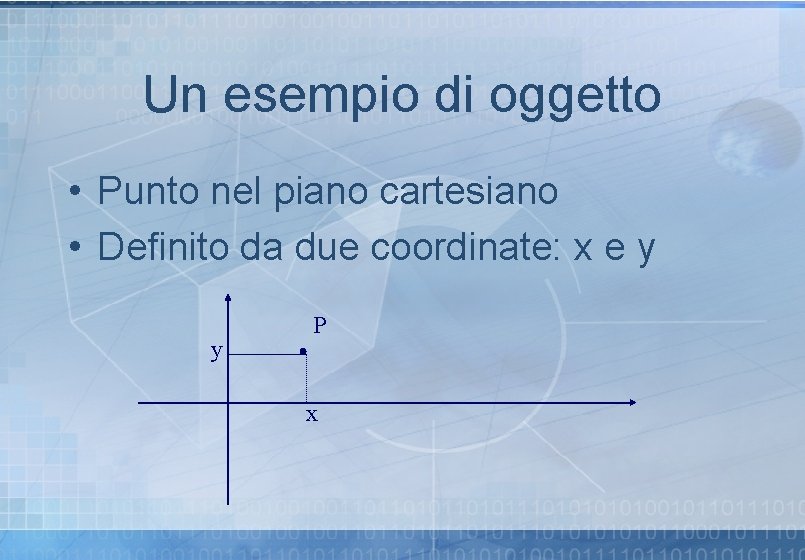 Un esempio di oggetto • Punto nel piano cartesiano • Definito da due coordinate: Un esempio di oggetto • Punto nel piano cartesiano • Definito da due coordinate: