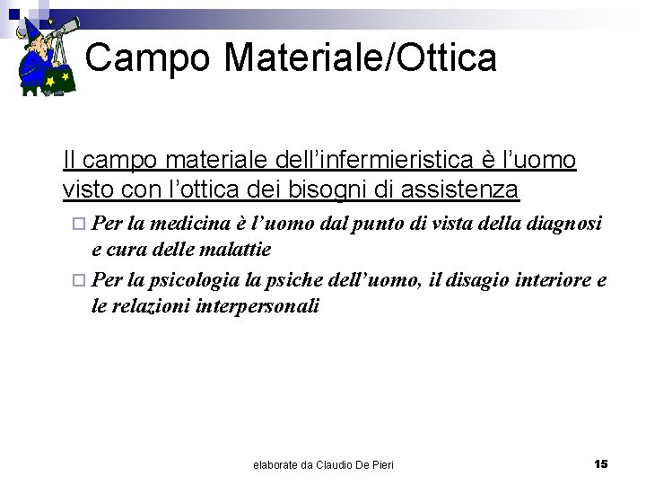 Campo Materiale/Ottica Il campo materiale dell’infermieristica è l’uomo visto con l’ottica dei bisogni di