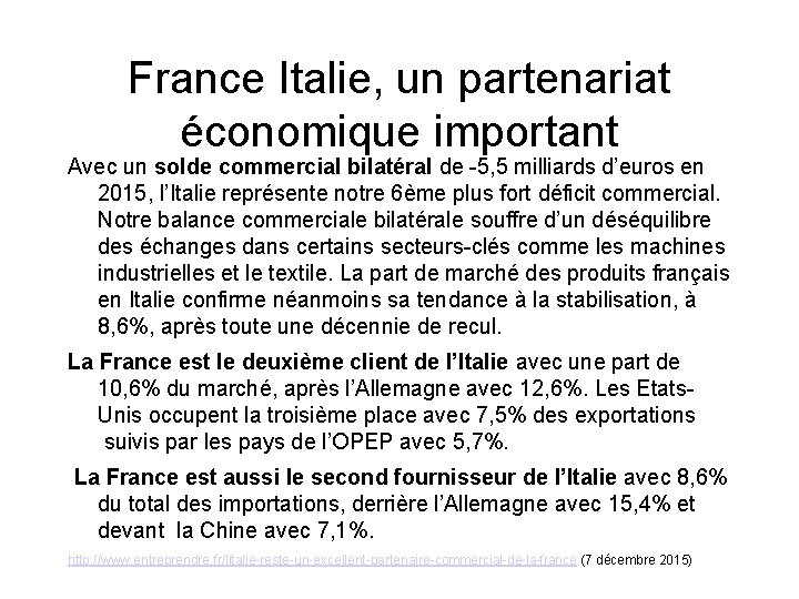 France Italie, un partenariat économique important Avec un solde commercial bilatéral de -5, 5