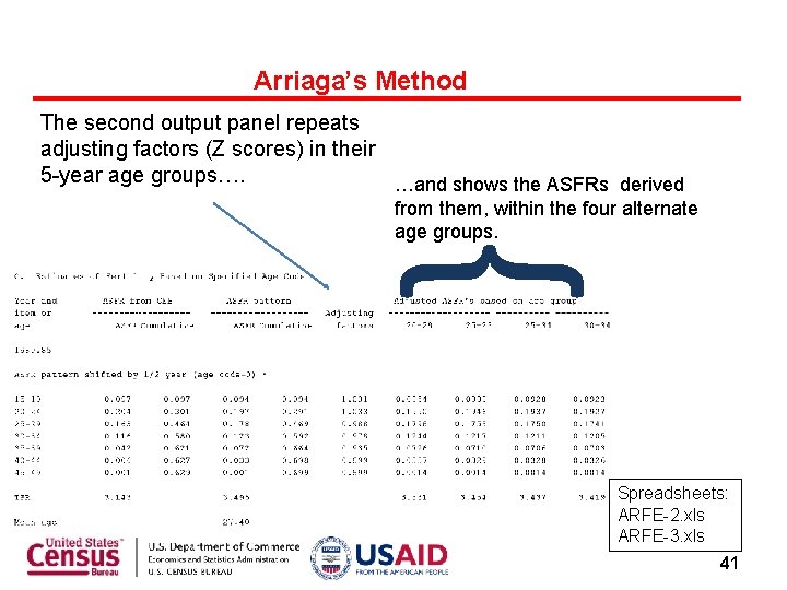 Arriaga’s Method The second output panel repeats adjusting factors (Z scores) in their 5