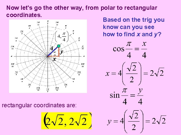 Now let's go the other way, from polar to rectangular coordinates. Based on the