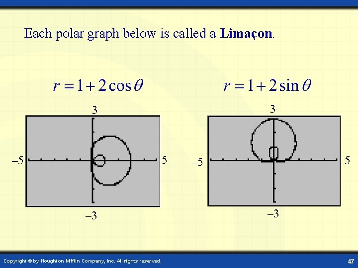 Each polar graph below is called a Limaçon. 3 3 5 – 3 Copyright