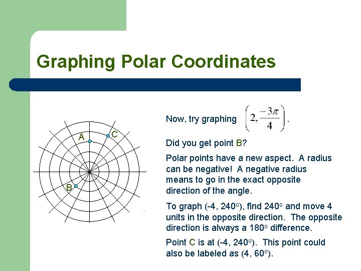 Graphing Polar Coordinates Now, try graphing A B C . Did you get point
