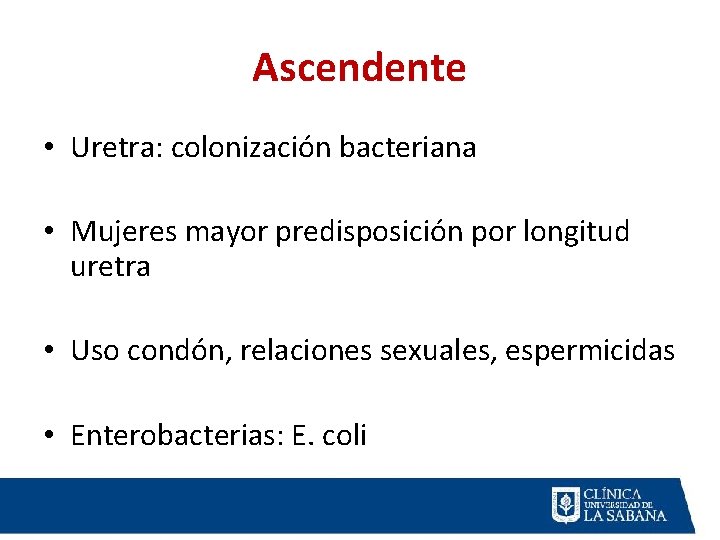 Ascendente • Uretra: colonización bacteriana • Mujeres mayor predisposición por longitud uretra • Uso Ascendente • Uretra: colonización bacteriana • Mujeres mayor predisposición por longitud uretra • Uso