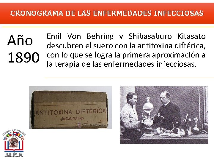 CRONOGRAMA DE LAS ENFERMEDADES INFECCIOSAS Año 1890 Emil Von Behring y Shibasaburo Kitasato descubren