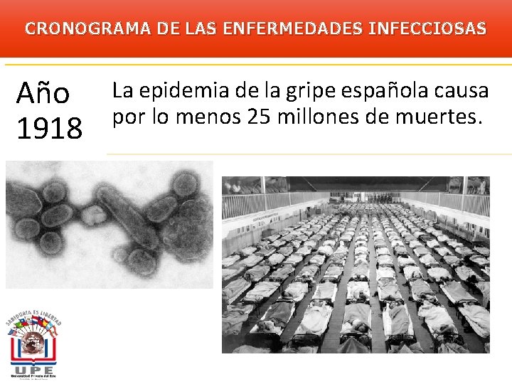 CRONOGRAMA DE LAS ENFERMEDADES INFECCIOSAS Año 1918 La epidemia de la gripe española causa
