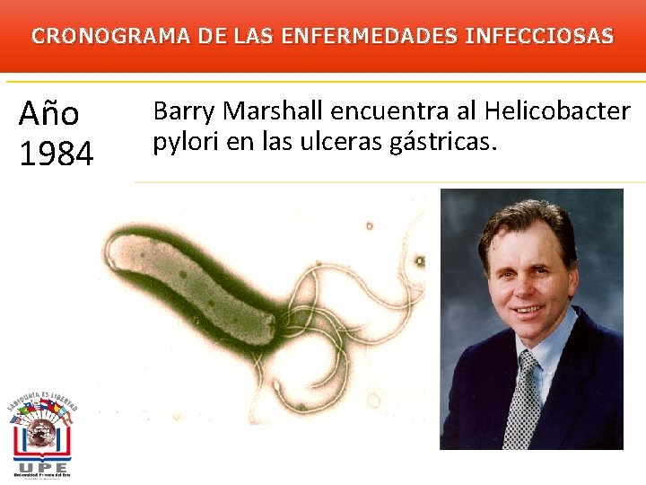 CRONOGRAMA DE LAS ENFERMEDADES INFECCIOSAS Año 1984 Barry Marshall encuentra al Helicobacter pylori en