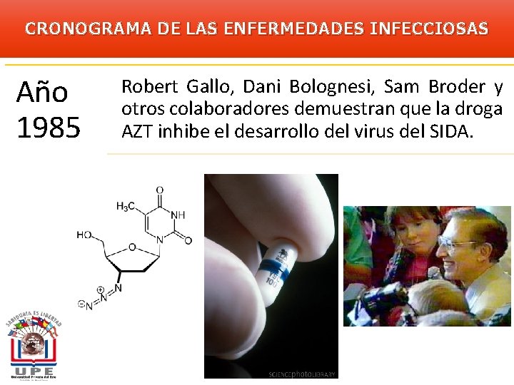 CRONOGRAMA DE LAS ENFERMEDADES INFECCIOSAS Año 1985 Robert Gallo, Dani Bolognesi, Sam Broder y