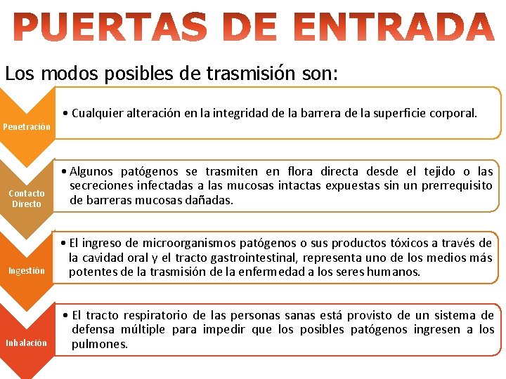 Los modos posibles de trasmisión son: Penetración • Cualquier alteración en la integridad de