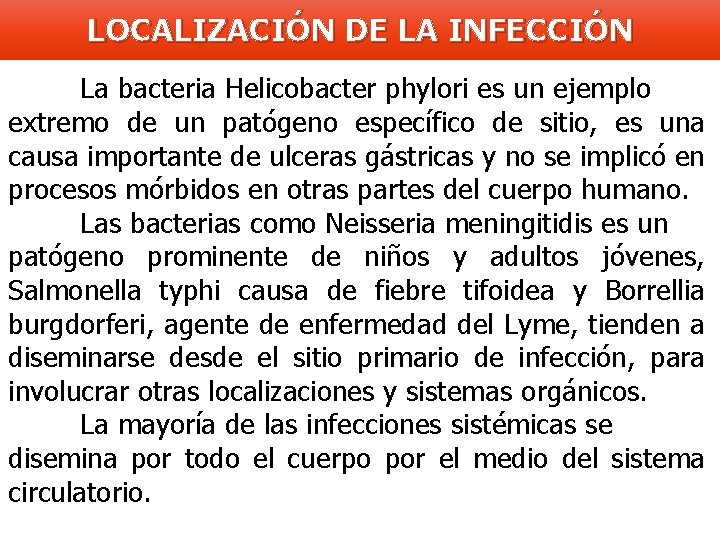 LOCALIZACIÓN DE LA INFECCIÓN La bacteria Helicobacter phylori es un ejemplo extremo de un
