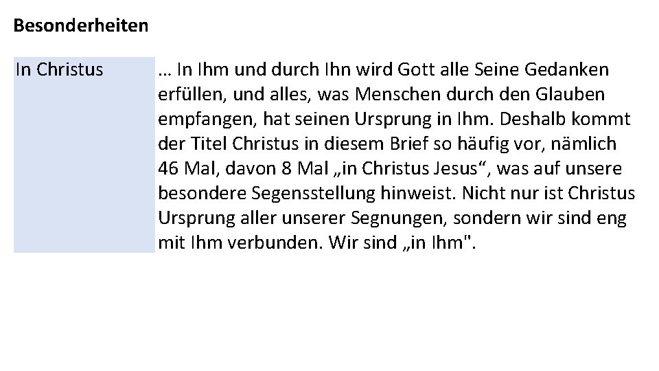 Besonderheiten In Christus … In Ihm und durch Ihn wird Gott alle Seine Gedanken