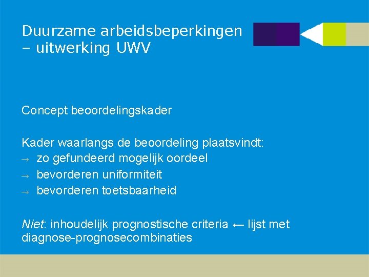 Duurzame arbeidsbeperkingen – uitwerking UWV Concept beoordelingskader Kader waarlangs de beoordeling plaatsvindt: → zo