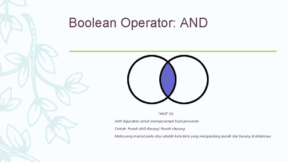 Boolean Operator: AND “AND” (+) AND digunakan untuk mempersempit hasil pencarian Contoh: Punah AND