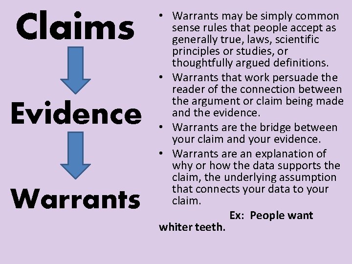 Claims Evidence Warrants • Warrants may be simply common sense rules that people accept