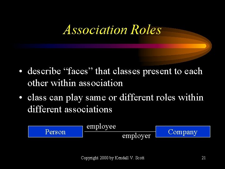 Association Roles • describe “faces” that classes present to each other within association •