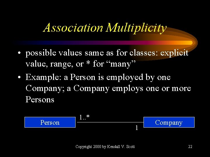 Association Multiplicity • possible values same as for classes: explicit value, range, or *