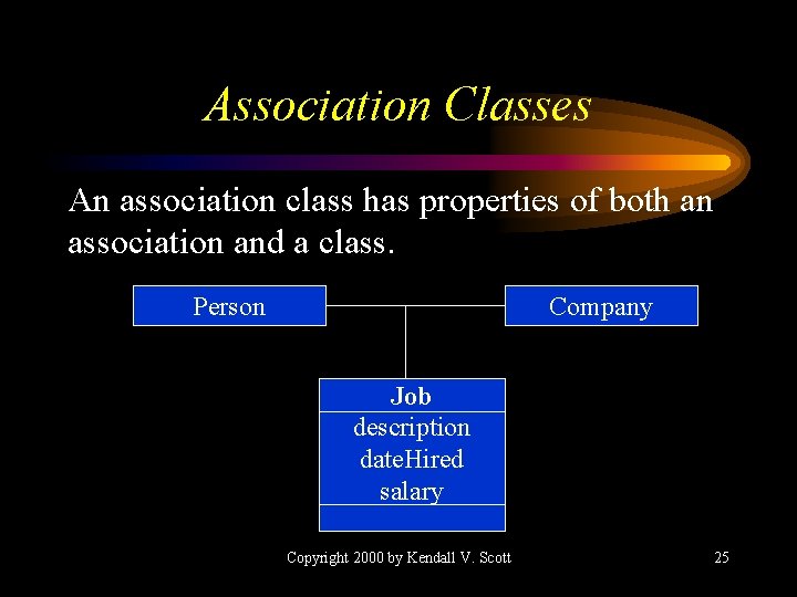 Association Classes An association class has properties of both an association and a class.