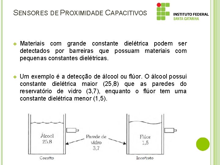 SENSORES DE PROXIMIDADE CAPACITIVOS v Materiais com grande constante dielétrica podem ser detectados por