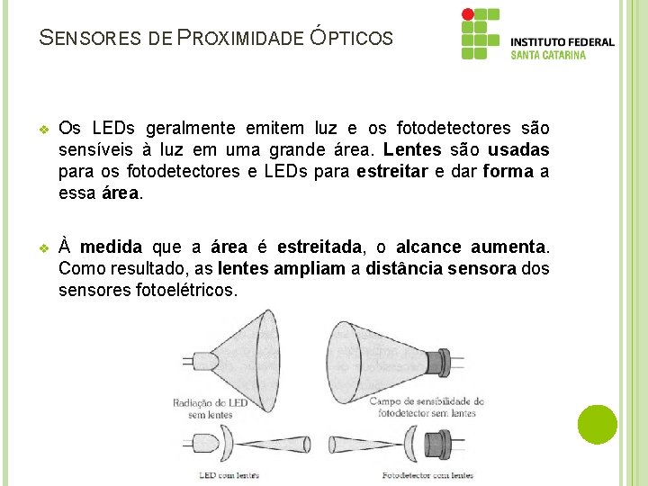 SENSORES DE PROXIMIDADE ÓPTICOS v Os LEDs geralmente emitem luz e os fotodetectores são