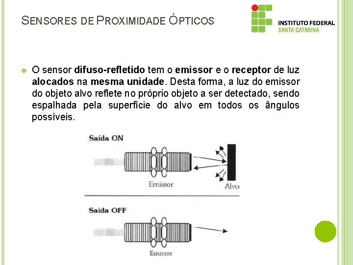 SENSORES DE PROXIMIDADE ÓPTICOS v O sensor difuso-refletido tem o emissor e o receptor