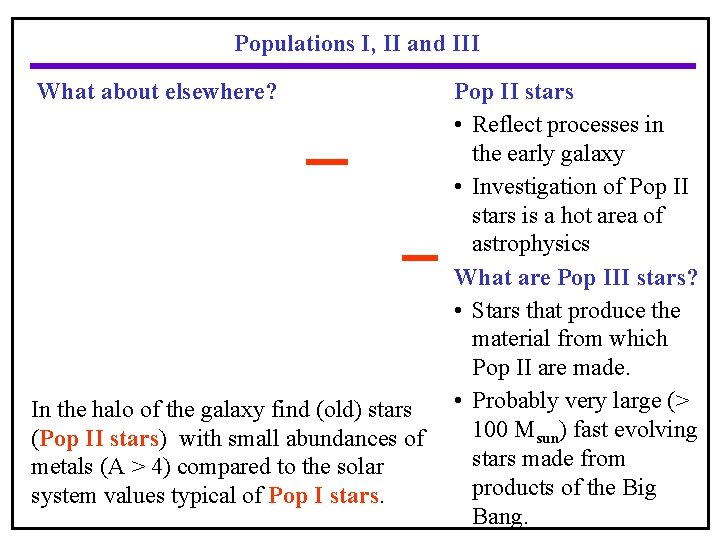 Populations I, II and III What about elsewhere? In the halo of the galaxy