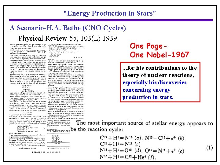 “Energy Production in Stars” A Scenario-H. A. Bethe (CNO Cycles) Physical Review 55, 103(L)