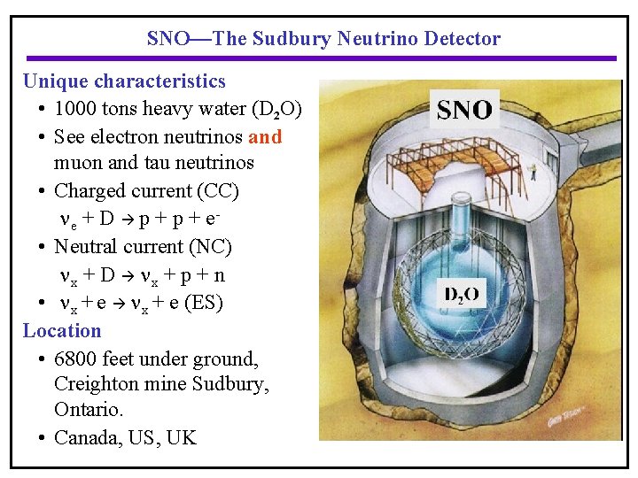 SNO—The Sudbury Neutrino Detector Unique characteristics • 1000 tons heavy water (D 2 O)