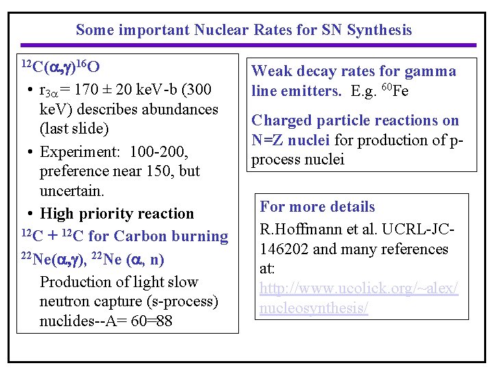 Some important Nuclear Rates for SN Synthesis 12 C(a, g)16 O • r 3