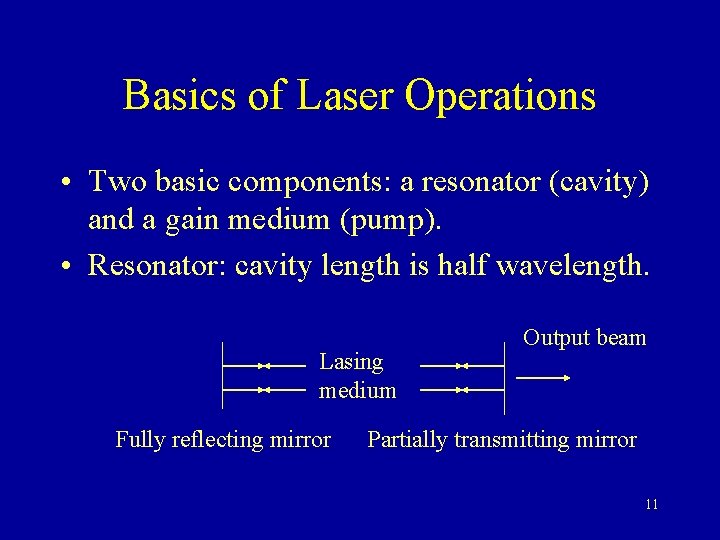 Basics of Laser Operations • Two basic components: a resonator (cavity) and a gain