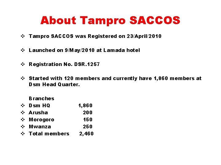 About Tampro SACCOS v Tampro SACCOS was Registered on 23/April/2010 v Launched on 9/May/2010