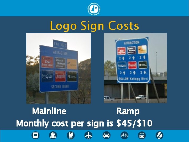 Logo Sign Costs Mainline Ramp Monthly cost per sign is $45/$10 Logo Sign Costs Mainline Ramp Monthly cost per sign is $45/$10