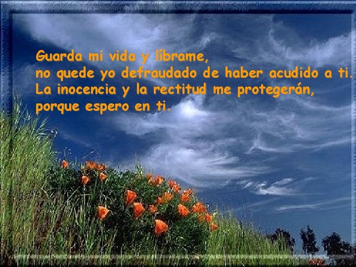 Guarda mi vida y líbrame, no quede yo defraudado de haber acudido a ti. Guarda mi vida y líbrame, no quede yo defraudado de haber acudido a ti.