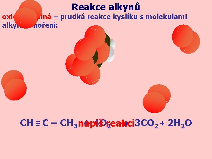 Reakce alkynů oxidace úplná – prudká reakce kyslíku s molekulami alkynů - hoření: CH