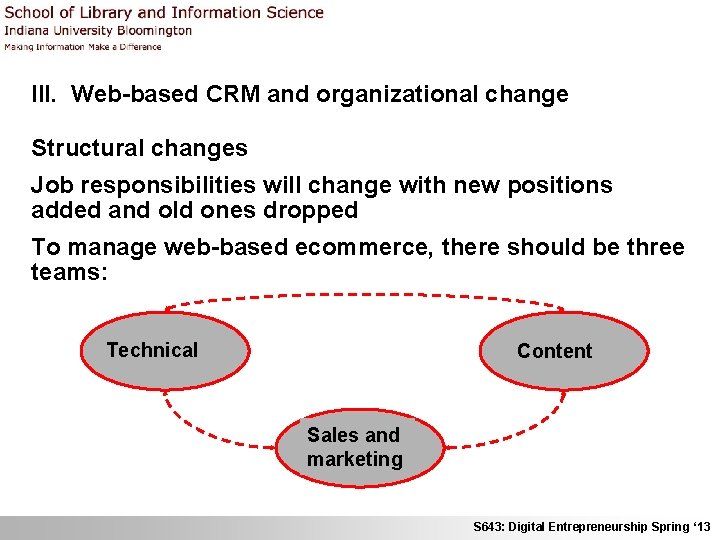 III. Web-based CRM and organizational change Structural changes Job responsibilities will change with new