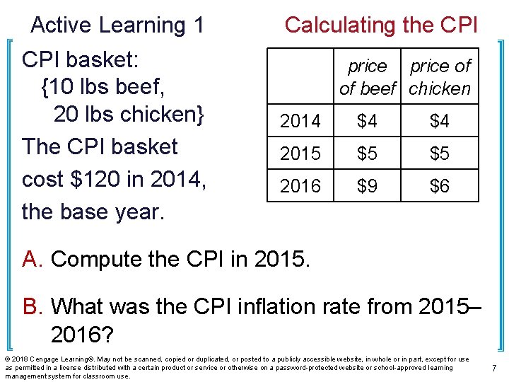 Active Learning 1 CPI basket: {10 lbs beef, 20 lbs chicken} The CPI basket