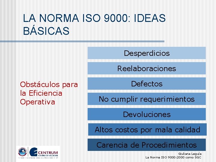 LA NORMA ISO 9000: IDEAS BÁSICAS Desperdicios Reelaboraciones Obstáculos para la Eficiencia Operativa Defectos