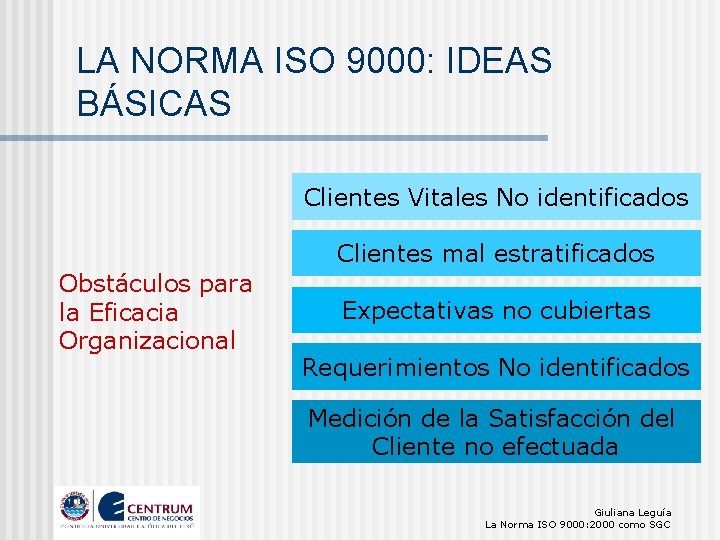 LA NORMA ISO 9000: IDEAS BÁSICAS Clientes Vitales No identificados Clientes mal estratificados Obstáculos