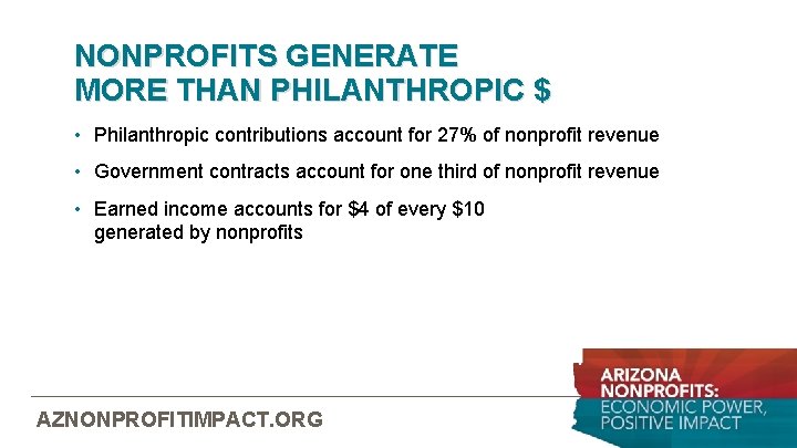 NONPROFITS GENERATE MORE THAN PHILANTHROPIC $ • Philanthropic contributions account for 27% of nonprofit