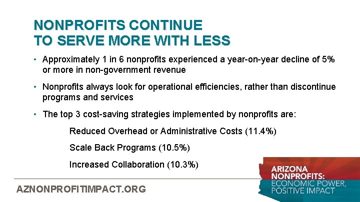 NONPROFITS CONTINUE TO SERVE MORE WITH LESS • Approximately 1 in 6 nonprofits experienced