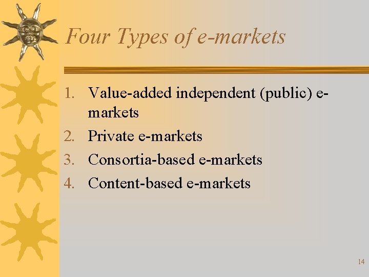 Four Types of e-markets 1. Value-added independent (public) emarkets 2. Private e-markets 3. Consortia-based