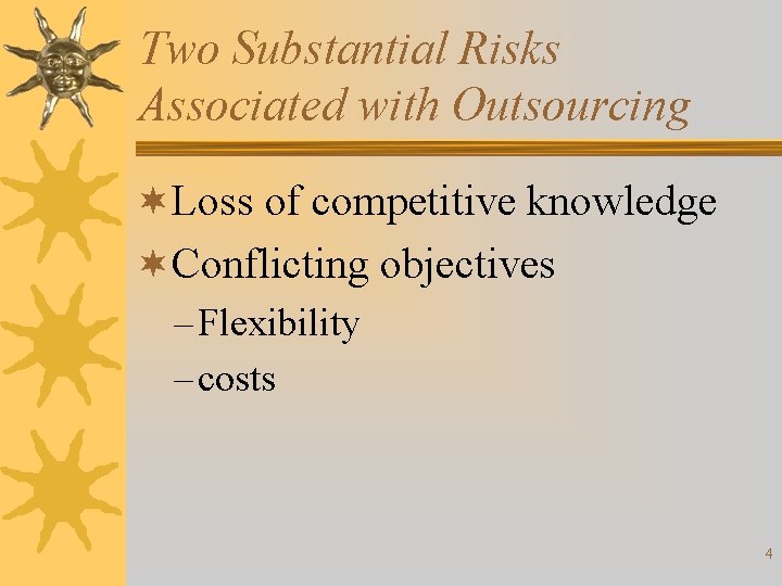 Two Substantial Risks Associated with Outsourcing ¬Loss of competitive knowledge ¬Conflicting objectives – Flexibility