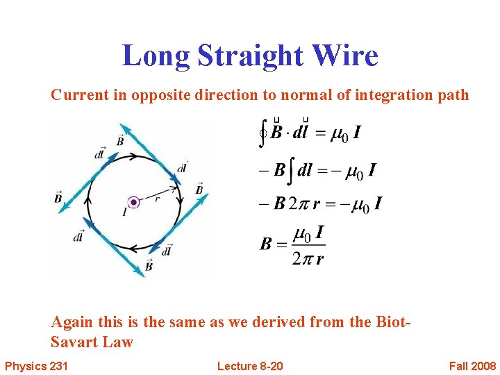 Long Straight Wire Current in opposite direction to normal of integration path Again this