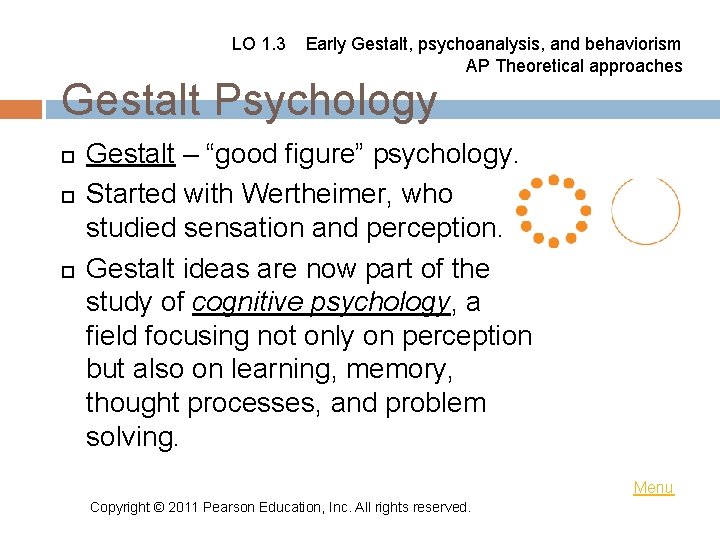 LO 1. 3 Early Gestalt, psychoanalysis, and behaviorism AP Theoretical approaches Gestalt Psychology Gestalt