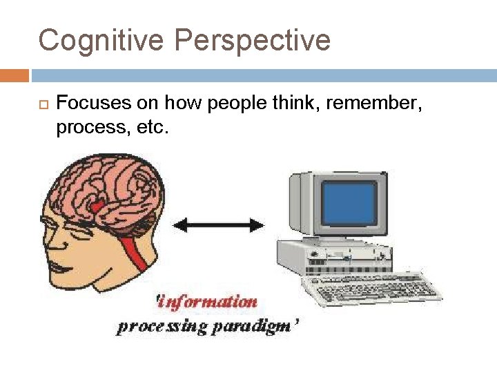 Cognitive Perspective Focuses on how people think, remember, process, etc. 