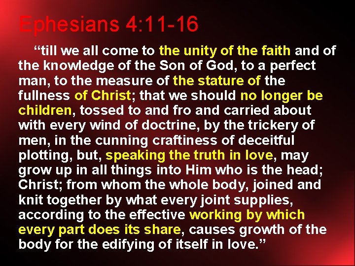 Ephesians 4: 11 -16 “till we all come to the unity of the faith