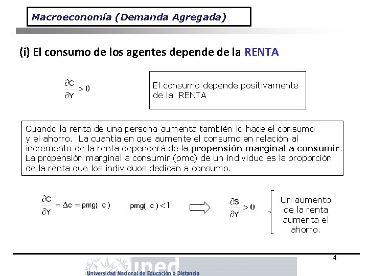 Macroeconomía (Demanda Agregada) (i) El consumo de los agentes depende de la RENTA El