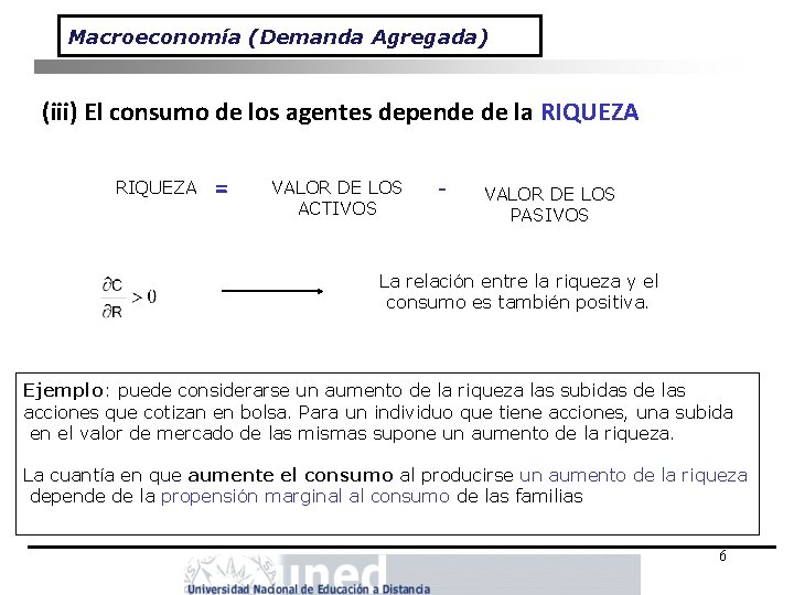 Macroeconomía (Demanda Agregada) (iii) El consumo de los agentes depende de la RIQUEZA =